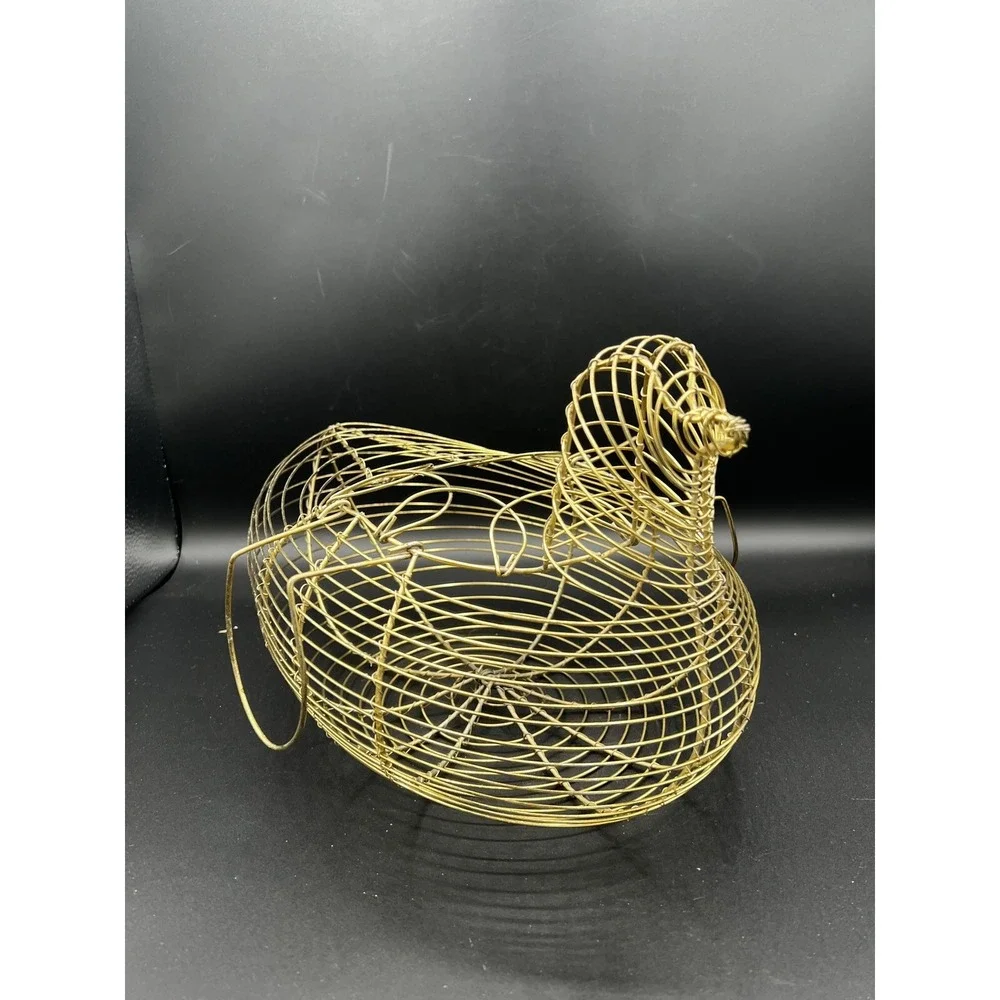 VTG Bird Duck Chicken Shaped Gold Wire Egg Collection Basket Wing Handles